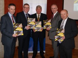 Pictured (from left) are Paul Frew MLA (Vice Chairman of the All Party Group on Construction), Simon Hamilton MLA ( Finance Minister ), John Shannon ( QPANI Chairman ), Danny Kennedy MLA ( Regional Development Minister ), Gordon Best, Regional Director QPANI