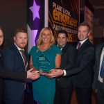 Martin Graham and Sean Kerrigan of Leica GeoSystems present the Specialist Contractor of the Year Award to Connor McCloy,  Lisa Neill ,Conrad Mallon,and Sean Rocks of Creagh Concrete.